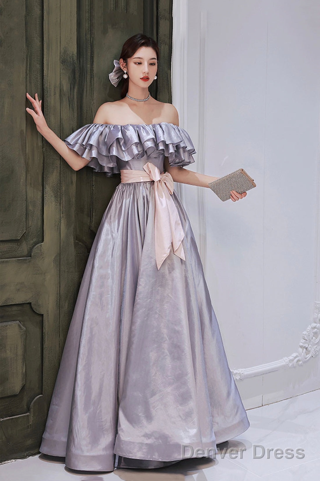 Lovely Satin Floor Length Prom Dress, Off Shoulder Evening Dress With Bow