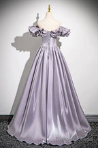 Lovely Satin Floor Length Prom Dress, Purple A-Line Off Shoulder Evening Dress