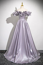 Lovely Satin Floor Length Prom Dress, Purple A-Line Off Shoulder Evening Dress