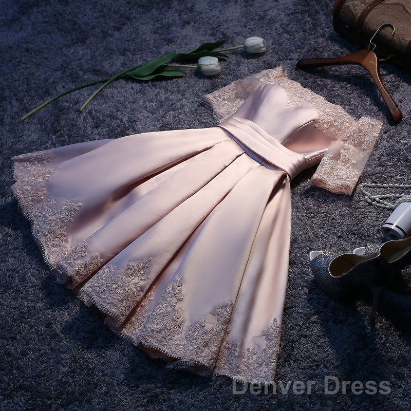Lovely Satin Pink A Line Off Shoulder Homecoming Dresses, Cute Prom Dresses With Lace-Up Secondary image