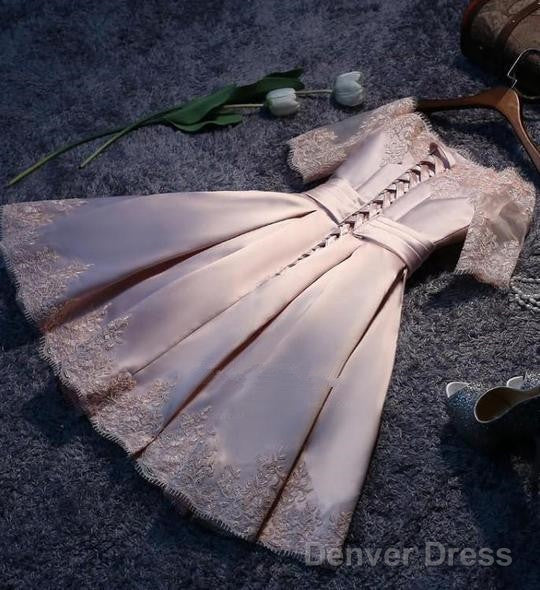 Lovely Satin Pink A Line Off Shoulder Homecoming Dress, Cute Prom Dresses With Lace Up