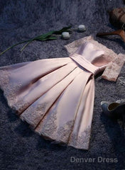 Lovely Satin Pink A Line Off Shoulder Homecoming Dresses, Cute Prom Dresses With Lace-Up