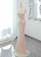 Lovely Sequins Mermaid V-Neckline Straps Party Dress, Sequins Long Formal Dress