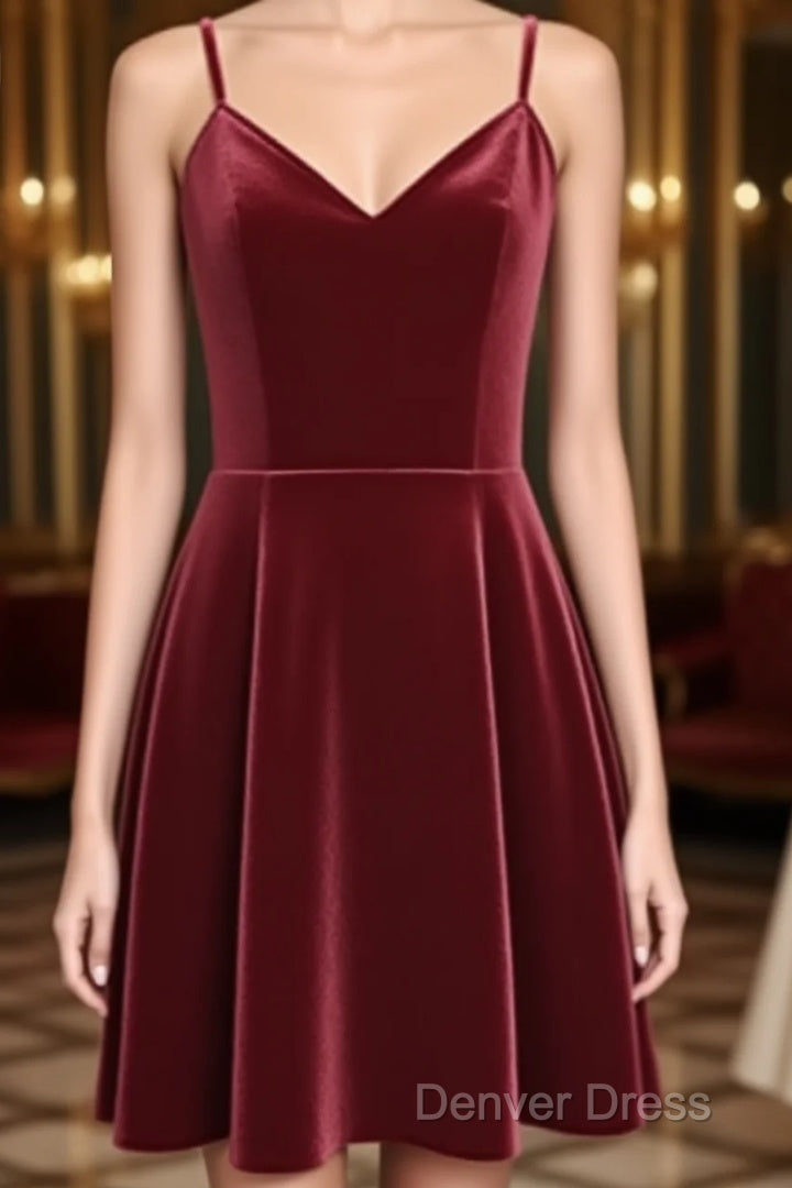 Lovely Short Homecoming Dress, Wine Red Straps V Neckline Prom Dress