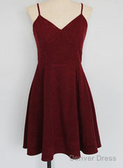 Lovely Short Homecoming Dresses, Wine Red Straps V-Neckline Prom Dresses, Party Dresses