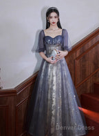 Lovely Short Sleeves Tulle With Lace Prom Dress, A Line Prom Dress