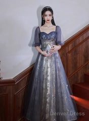 Lovely Short Sleeves Tulle With Lace Formal Dress, A-Line Evening Dress Party Dress