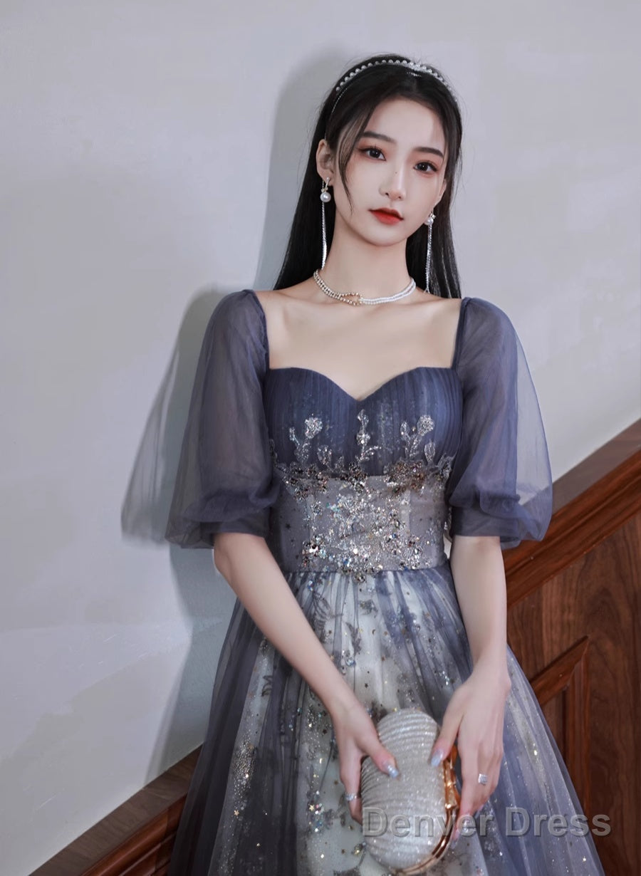 Lovely Short Sleeves Tulle With Lace Formal Dress, A-Line Evening Dress Party Dress