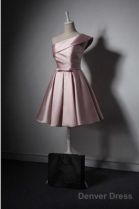 Lovely Simple One Shoulder Pink Bridesmaid Dress, Pink Satin Homecoming Dresses Main image
