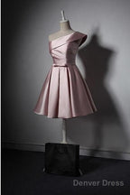 Lovely Simple One Shoulder Pink Bridesmaid Dress, Pink Satin Homecoming Dresses