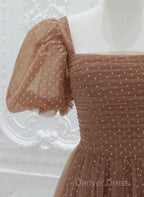 Lovely Simple Tulle Short Sleeves A-Line Party Dresses, Long Tulle Formal Dresses Evening Dresses