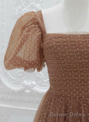 Lovely Simple Tulle Short Sleeves A-Line Party Dress, Long Tulle Formal Dress Evening Dress