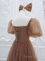 Lovely Simple Tulle Short Sleeves A-Line Party Dresses, Long Tulle Formal Dresses Evening Dresses