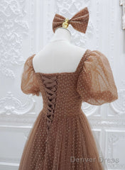 Lovely Simple Tulle Short Sleeves A-Line Party Dress, Long Tulle Formal Dress Evening Dress
