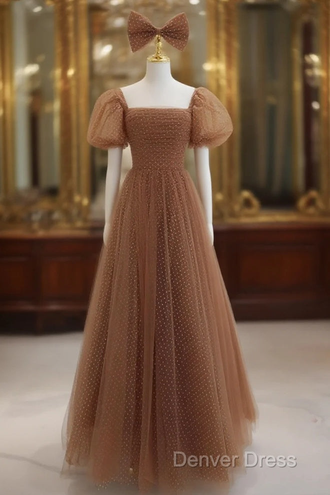Lovely Simple Tulle Short Sleeves A Line Prom Dress, Long Tulle Prom Dress Main image