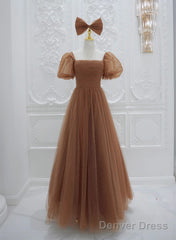 Lovely Simple Tulle Short Sleeves A-Line Party Dress, Long Tulle Formal Dress Evening Dress