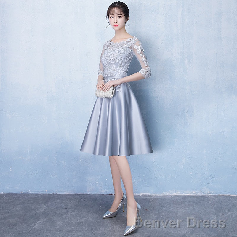 Lovely Sliver Grey Satin And Lace Short Sleeves Homecoming Dress, Short Prom Dress Secondary image