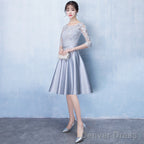 Lovely Sliver Grey Satin And Lace Short Sleeves Homecoming Dress, Short Prom Dress