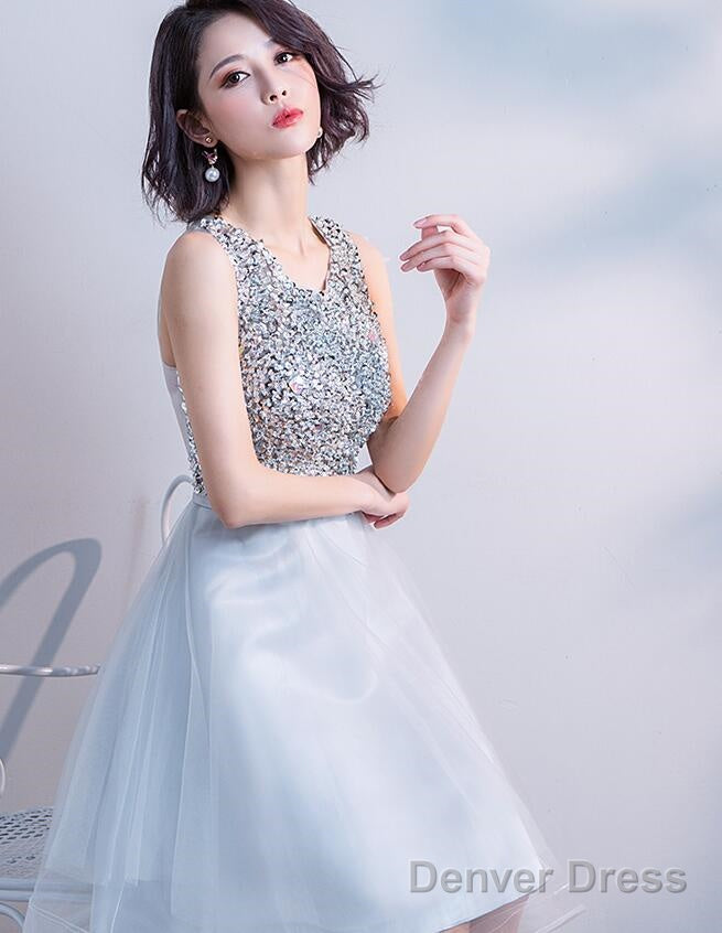 Lovely Sliver Grey Sequins Short Tulle Prom Dress Homecoming Dress, Grey Shiny Party Dresses Secondary image