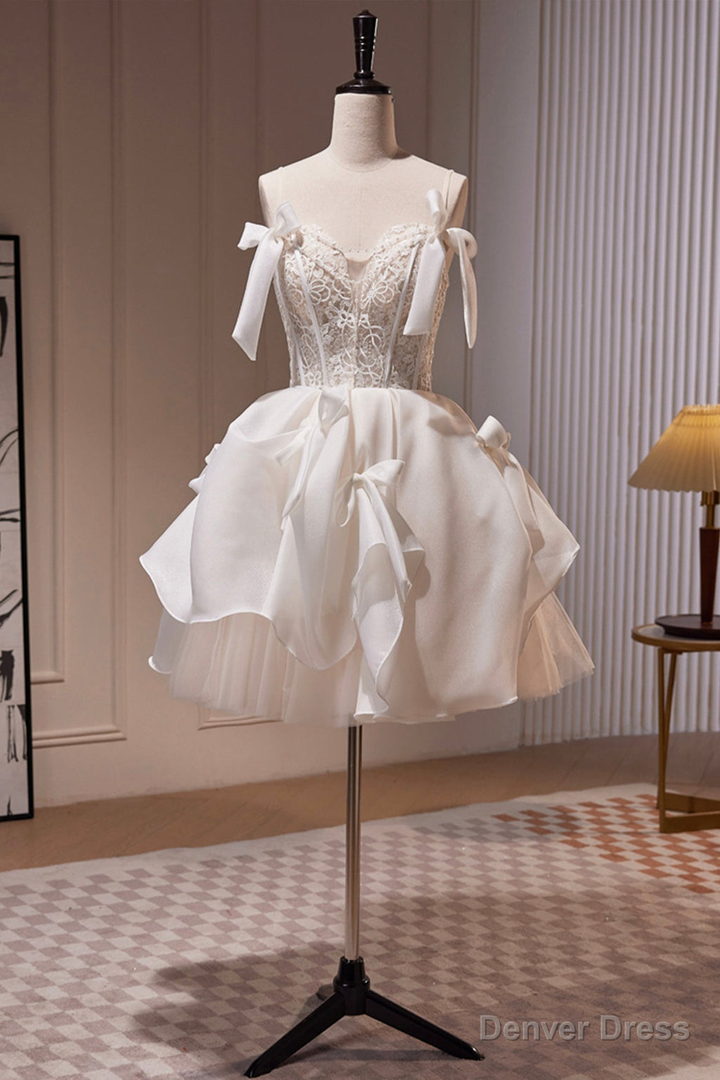 Lovely Spaghetti Strap Lace Short Prom Dress, Light Champagne Prom Dresses