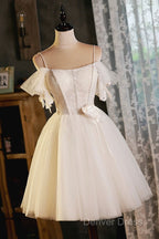 Lovely Spaghetti Strap Tulle Short Prom Dresses, Light Champagne A-Line Evening Party Dresses