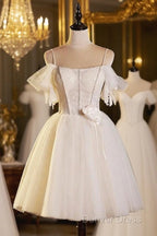 Lovely Spaghetti Strap Tulle Short Prom Dresses, Light Champagne A-Line Evening Party Dresses