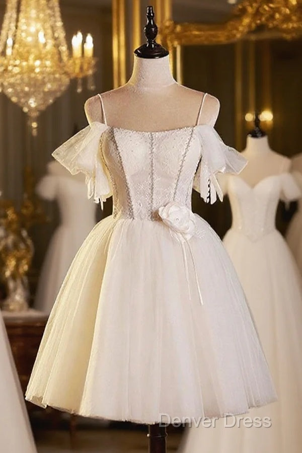 Lovely Spaghetti Strap Tulle Short Prom Dresses, Light Champagne A-Line Evening Party Dresses