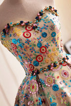 Lovely Sweetheart Floral Sequin Long Prom Dresses, A-Line Strapless Evening Dresses