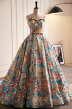 Lovely Sweetheart Floral Sequin Long Prom Dress, A-Line Strapless Prom Dresses