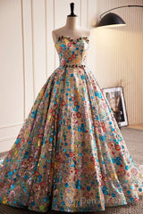 Lovely Sweetheart Floral Sequin Long Prom Dress, A-Line Strapless Evening Dress