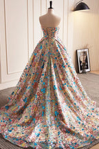 Lovely Sweetheart Floral Sequin Long Prom Dresses, A-Line Strapless Evening Dresses