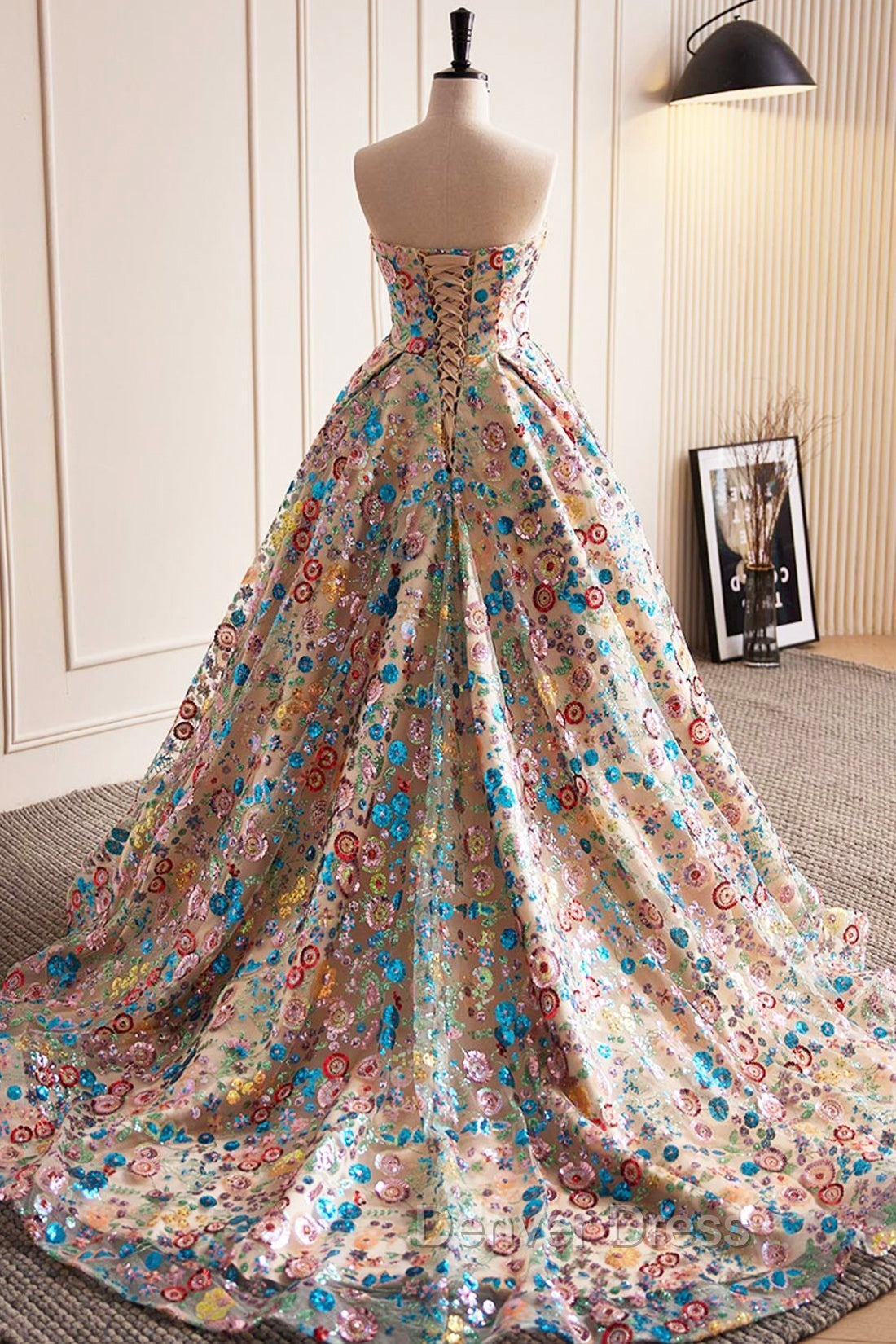 Lovely Sweetheart Floral Sequin Long Prom Dress, A-Line Strapless Prom Dresses