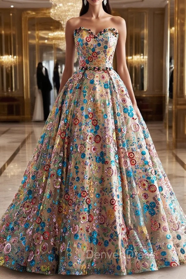 Lovely Sweetheart Floral Sequin Long Prom Dresses, A-Line Strapless Evening Dresses Main image