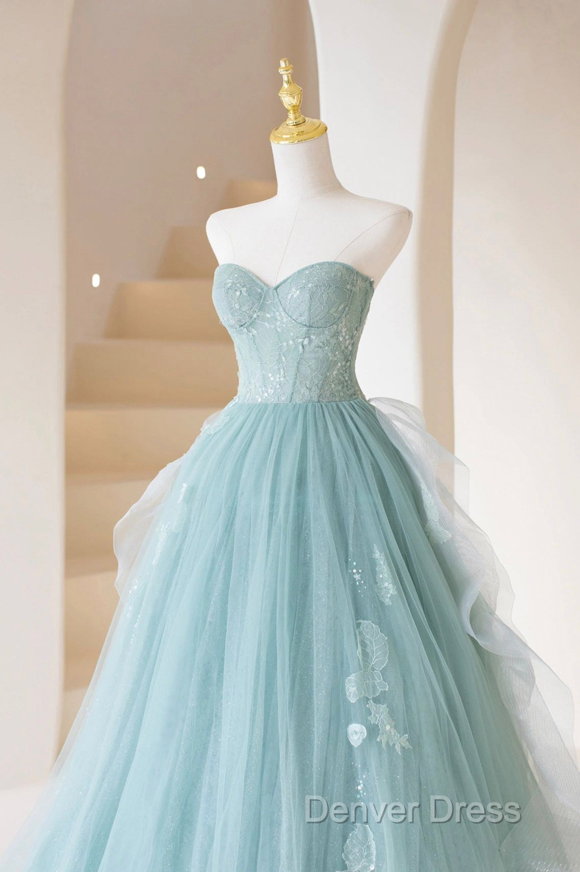 Lovely Sweetheart Neckline Tulle Long Prom Dresses With Lace, Beautiful Strapless Evening Dresses Secondary image