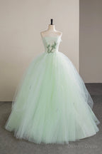 Lovely Sweetheart Neckline Tulle Long Prom Dress with Lace, Green Strapless Prom Dresses