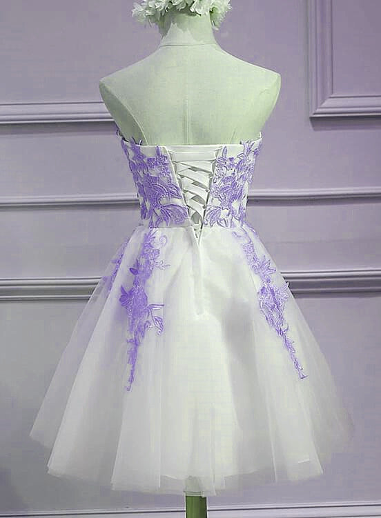 Lovely Sweetheart White Tulle With Purple Lace, Cute Prom Dresses Secondary image