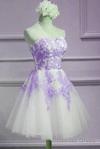 Lovely Sweetheart White Tulle With Purple Lace, Cute Party Dress