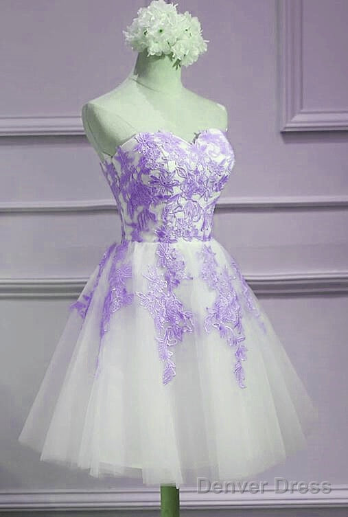 Lovely Sweetheart White Tulle With Purple Lace, Cute Prom Dresses