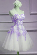 Lovely Sweetheart White Tulle With Purple Lace, Cute Prom Dresses