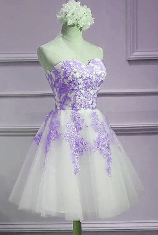 Lovely Sweetheart White Tulle With Purple Lace, Cute Prom Dresses