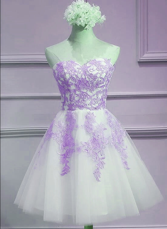 Lovely Sweetheart White Tulle With Purple Lace, Cute Prom Dresses Main image