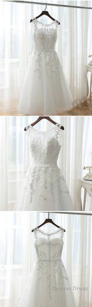 Lovely Tea Length White Tulle And Lace Round Neckline Prom Dress, White Prom Dress Homecoming Dresses