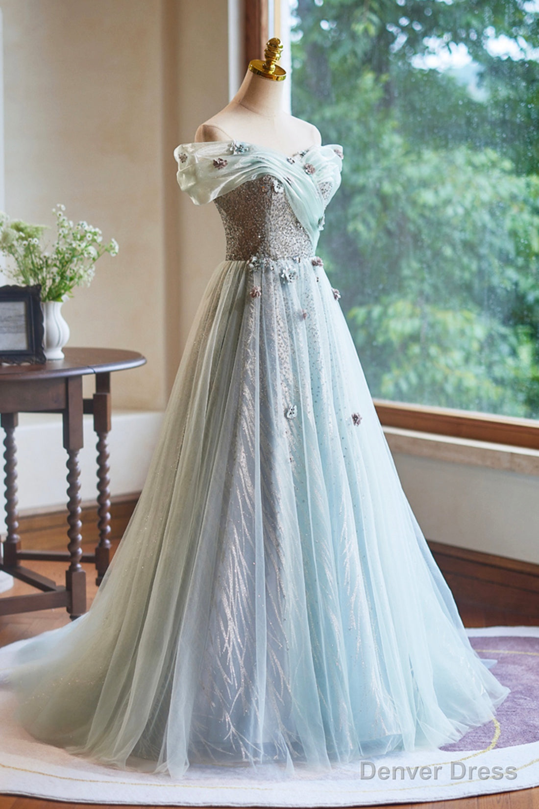 Lovely Tulle Floor Length Green Party Dress, Off the Shoulder A-Line Evening Dress Secondary image