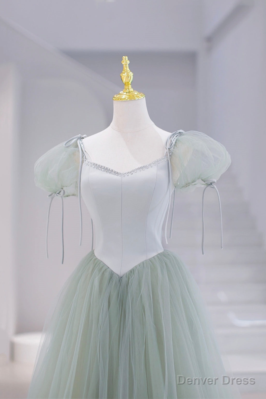 Lovely Tulle Floor Length Prom Dress, A Line Short Sleeve Prom Dresses