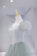 Lovely Tulle Floor Length Prom Dress, A Line Short Sleeve Prom Dresses