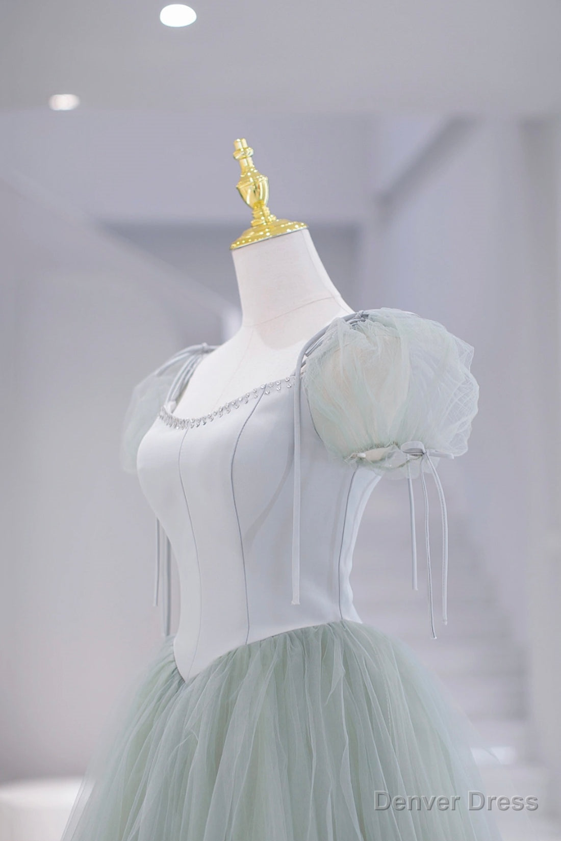 Lovely Tulle Floor Length Prom Dress, A Line Short Sleeve Prom Dresses