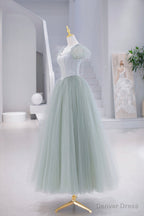 Lovely Tulle Floor Length Prom Dress, A Line Short Sleeve Prom Dresses