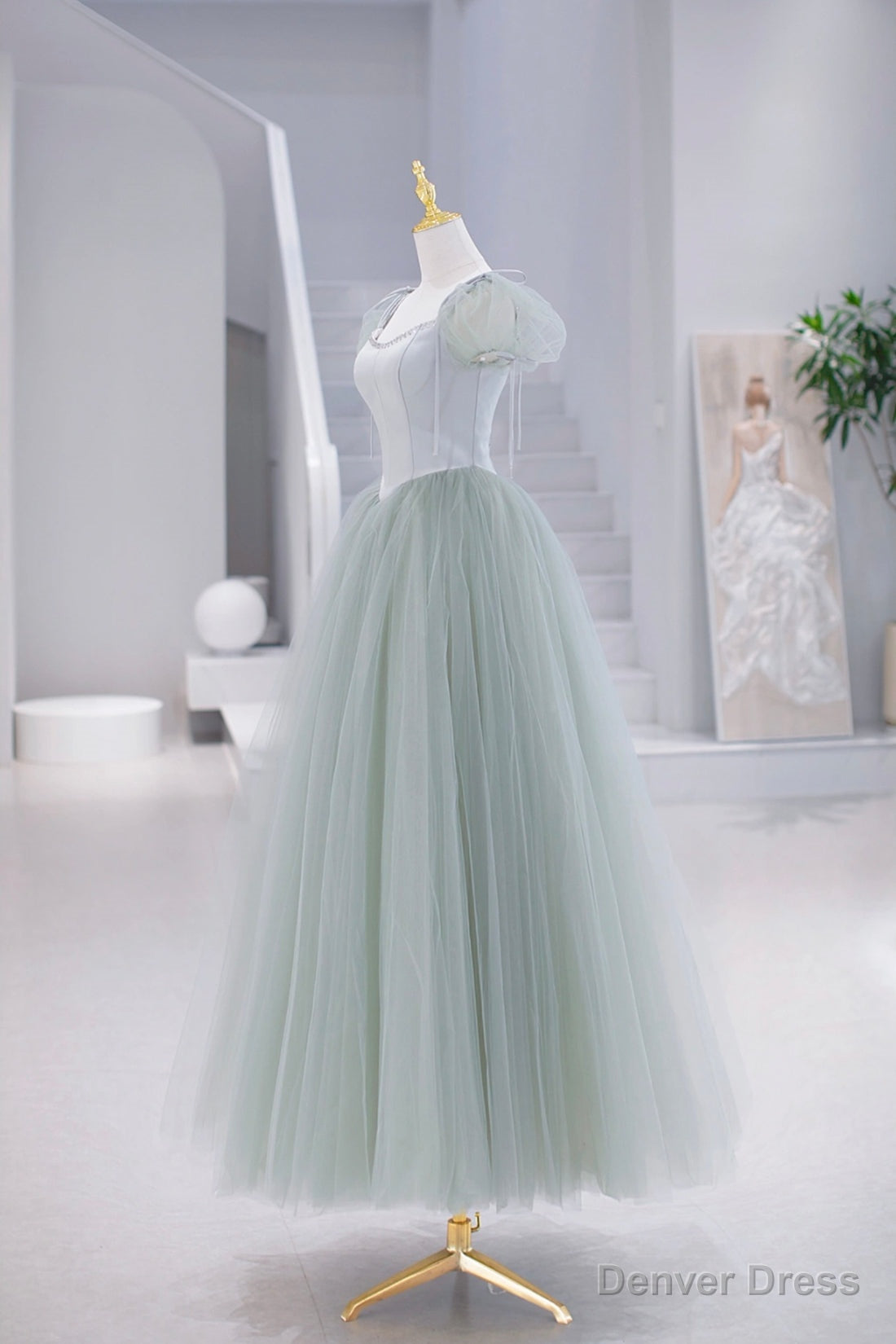 Lovely Tulle Floor Length Prom Dress, A Line Short Sleeve Prom Dresses