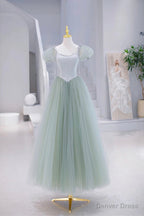 Lovely Tulle Floor Length Prom Dress, A Line Short Sleeve Prom Dresses