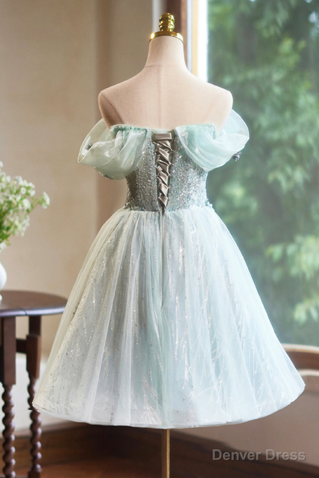 Lovely Tulle Knee Length Green Prom Dress, Off the Shoulder A Line Prom Dresses Secondary image